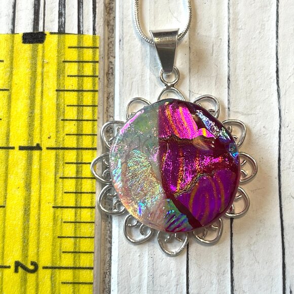 Beautiful Pink Multi Color Fused Dichroic Glass Flower Pendant - Picture 5 of 5